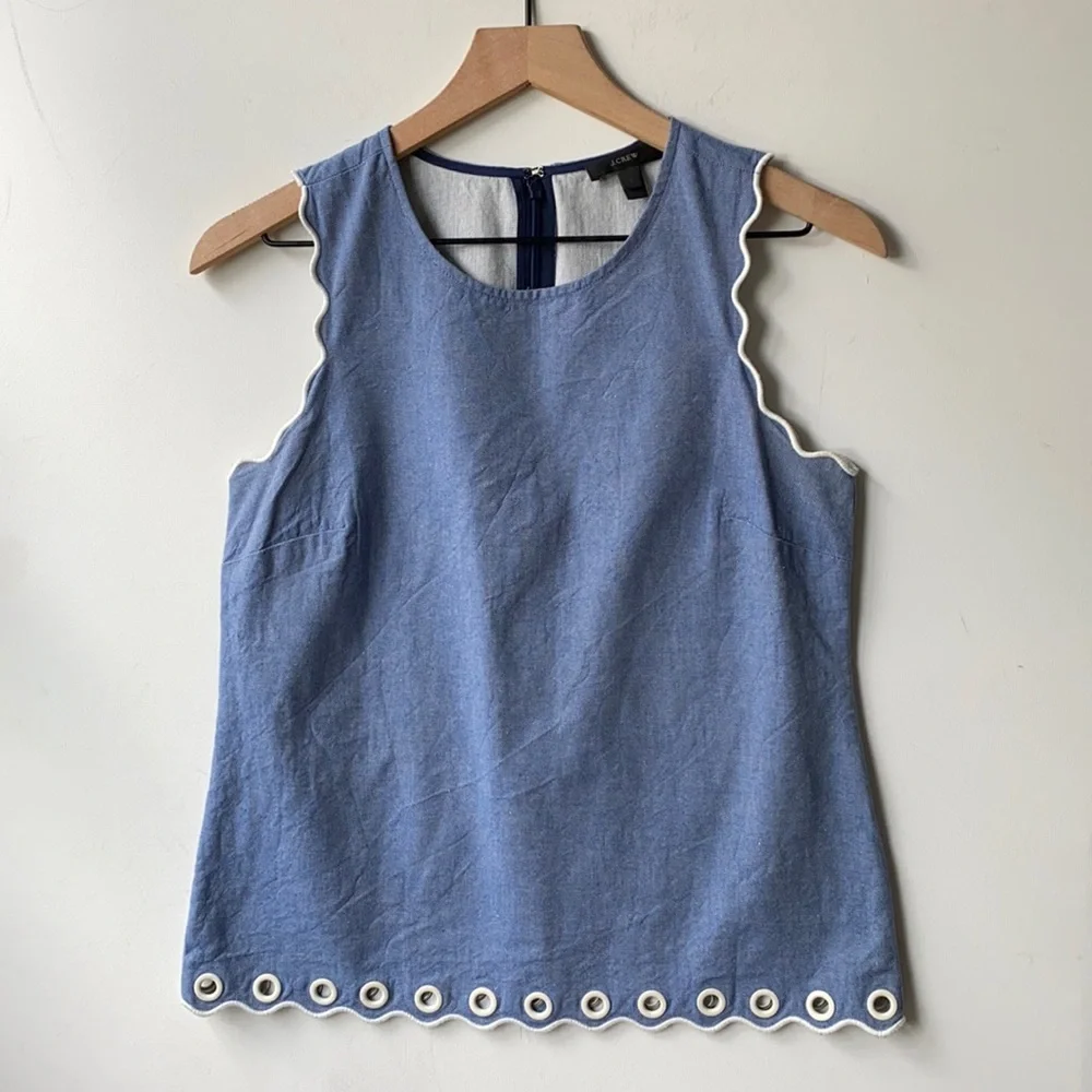 J Crew Blue Chambray Scallop Grommet Tank Top,Sz 0‎